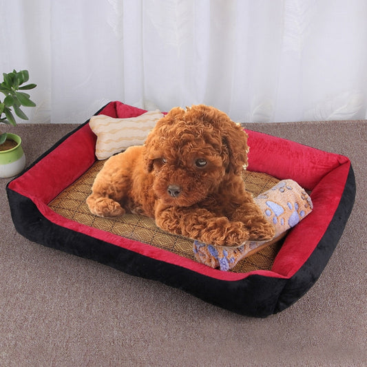Red and black pet bed with woven mat and bone-pattern cushions, shown with a small dog