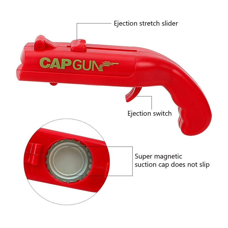 Red cap gun bottle cap opener with labels: ejection slider, ejection switch, magnetic cap.