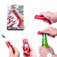 Red and grey cap gun bottle openers kit with bottle-capping action shown in hand.