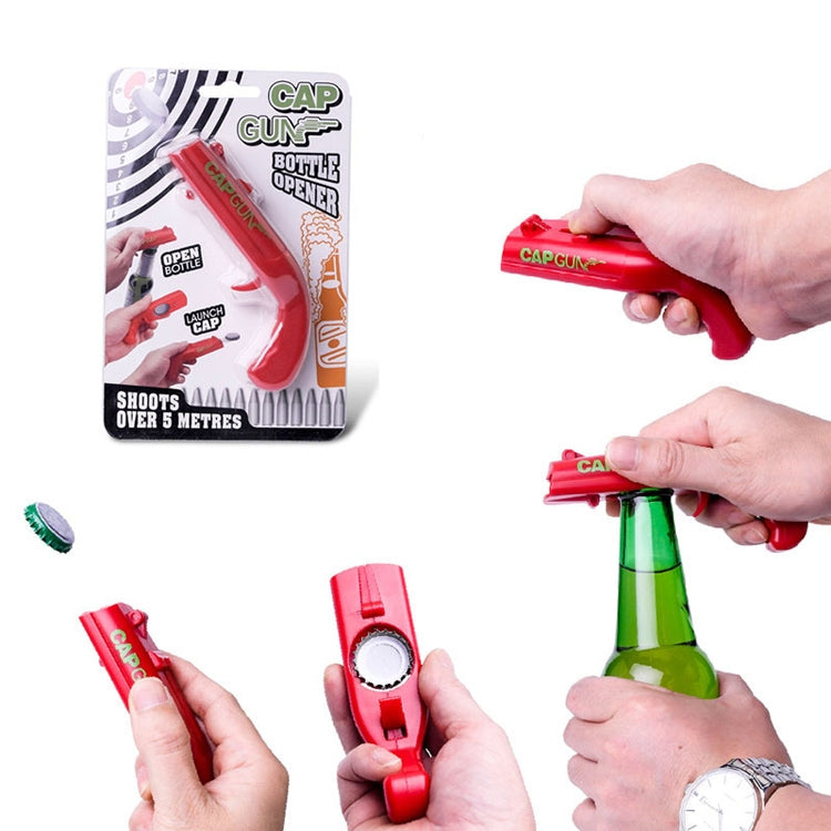Red and grey cap gun bottle openers kit with bottle-capping action shown in hand.