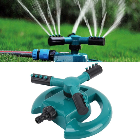 Teal 360° rotating garden sprinkler with black arms and 3/4 in hose connector