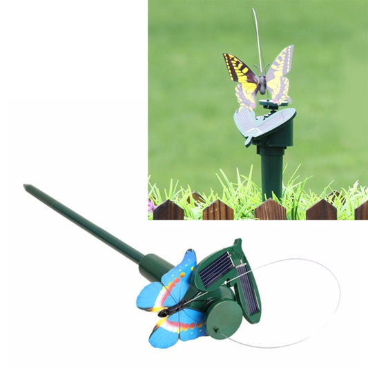 Solar butterfly decoration toy on a stake with solar panel, in-ground garden use