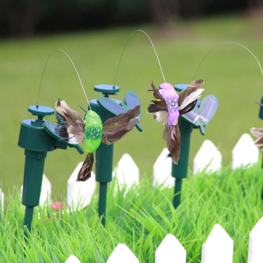 Solar hummingbird yard ornament: two feathered birds on green stakes with colored bodies