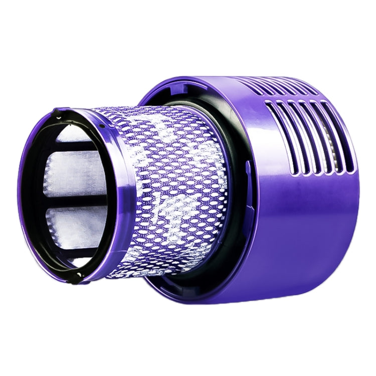 Washable vacuum dust filter cartridge with black ring, purple body and fine mesh