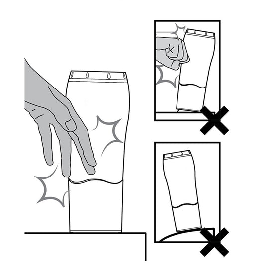 Black-and-white usage diagram showing travel mug lid closing and locking arrows