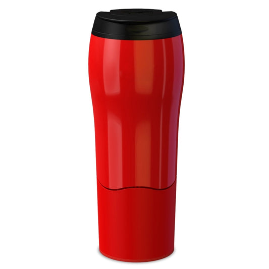 Red insulated travel mug with black screw-top lid, 500ml capacity
