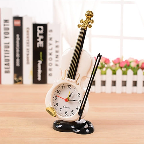 Violin-shaped alarm clock with pen holder, white clock body with gold details and black base