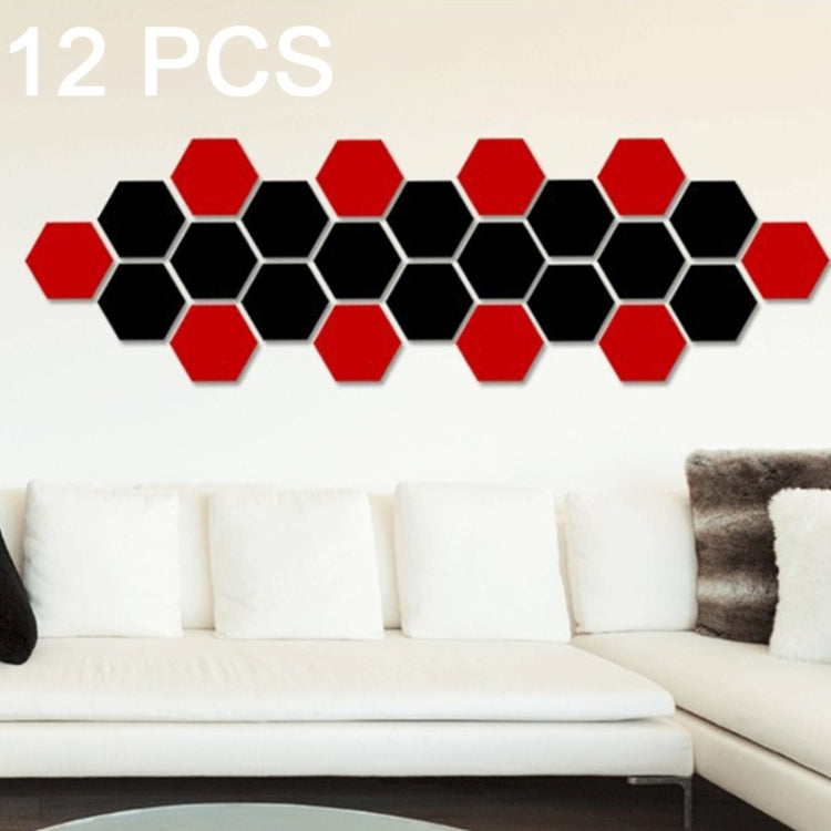 3D hexagonal mirror wall stickers set with red and black hexagons, 12 pieces