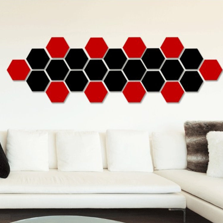 3D hexagonal mirror wall stickers set with red and black hexagon tiles, 12 pcs