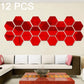3D hexagonal mirror wall stickers set with red hexagon mirror tiles, 12 pieces