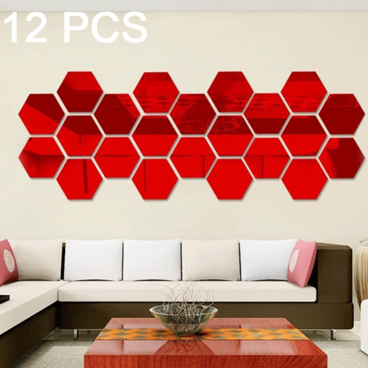3D hexagonal mirror wall stickers set with red hexagon mirror tiles, 12 pieces