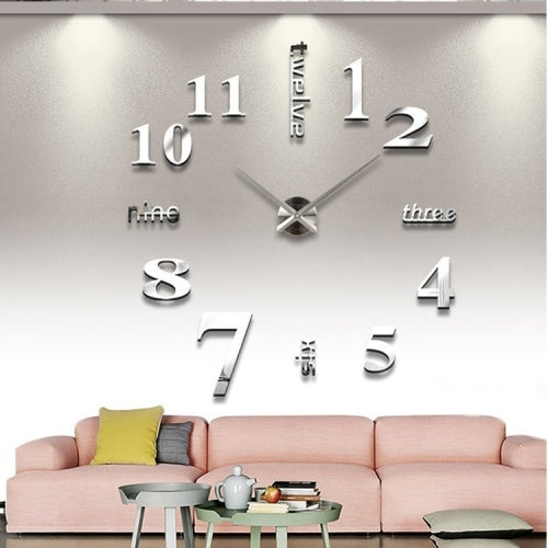 Mirror-style wall sticker clock with silver numerals and reflective center