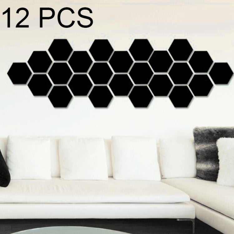 Black 12-pc hexagonal mirror wall sticker set, 3D hex tiles on wall.