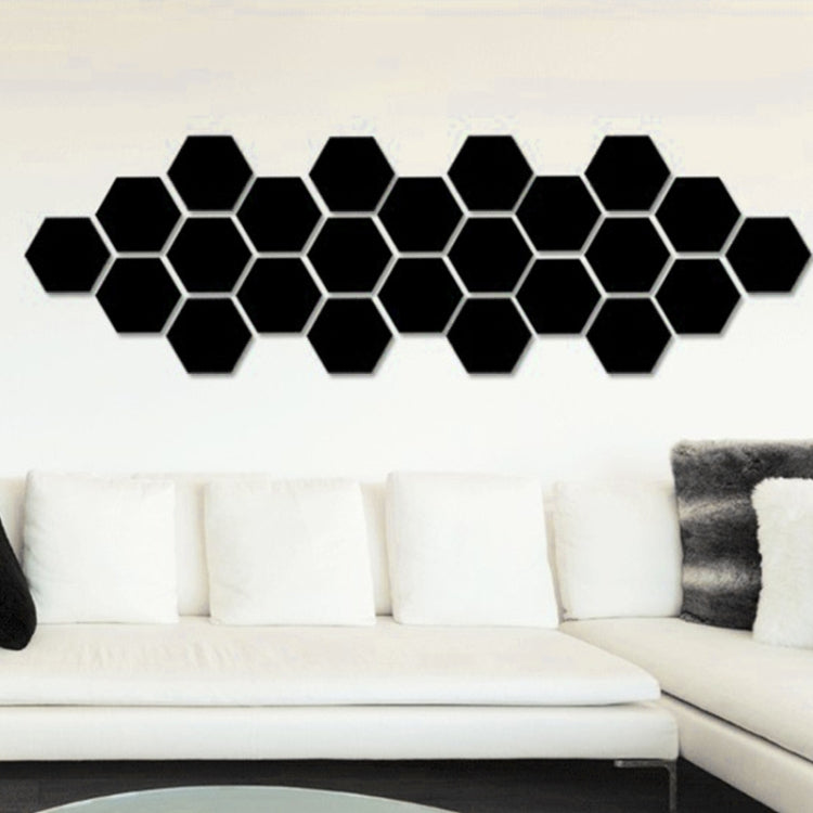 Black 12-pc 3D hex mirror wall stickers, staggered hex tile pattern.