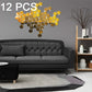 Gold 12-pc hexagonal mirror wall sticker set, 3D hex tiles forming a pattern.