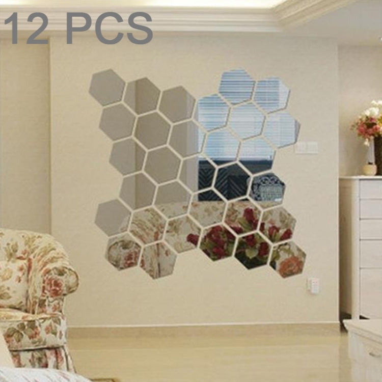 Hexagonal mirror wall sticker set, 12-pc 3D hex tiles in mixed colors on wall.