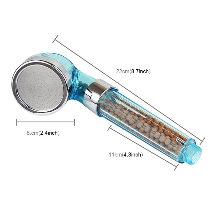 Handheld shower head with chrome and translucent blue filter beads, with size dimensions
