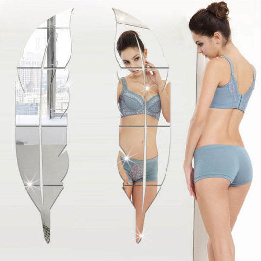 Feather-shaped silver mirror wall stickers with mirrored reflective finish