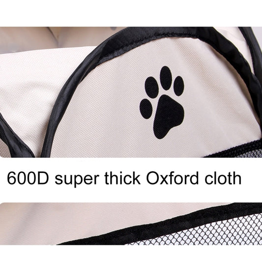 White dog tent panel with black paw-print logo and black fabric trim