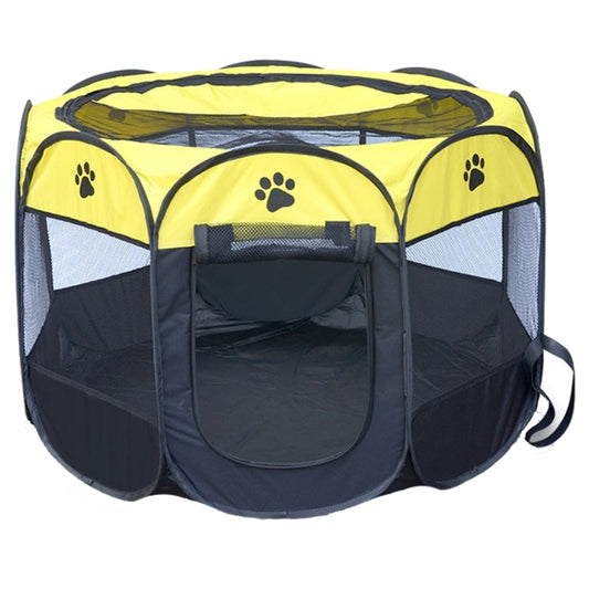 Yellow octagonal foldable dog tent with zip front window and paw-print accents