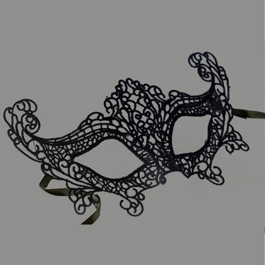 Black lace fox masquerade mask with curvy ear details and two eye openings