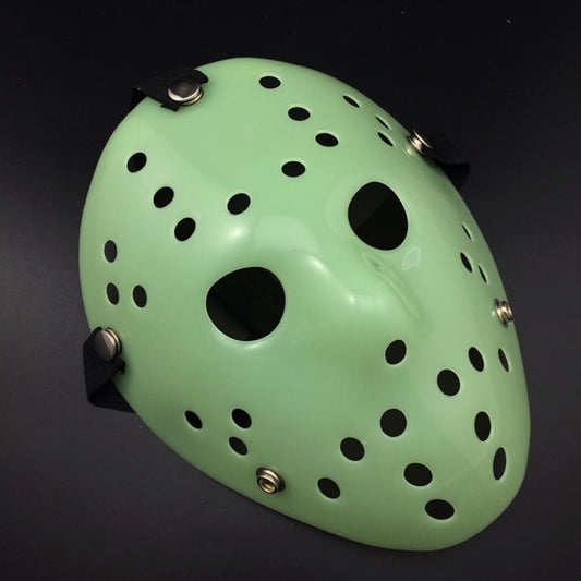 Fluorescent green Jason-style hockey mask with black vents, rivets, and side buckles