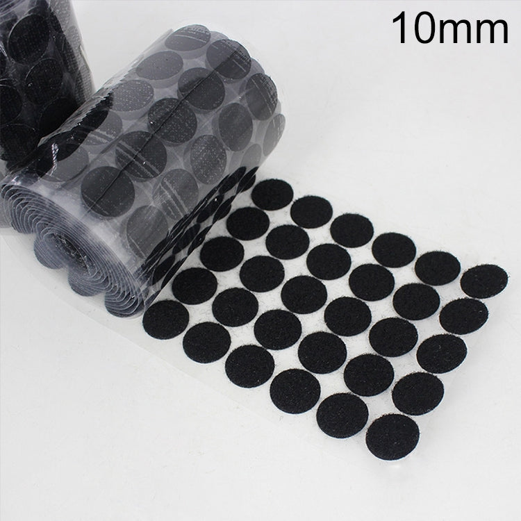 Black 10mm round nylon adhesive hook-and-loop fastener dots, on roll sheet
