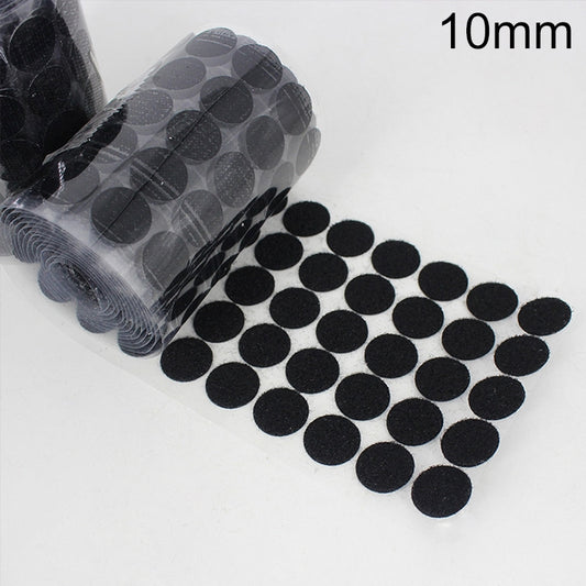 Black 10mm round nylon adhesive hook-and-loop fastener dots, on roll sheet