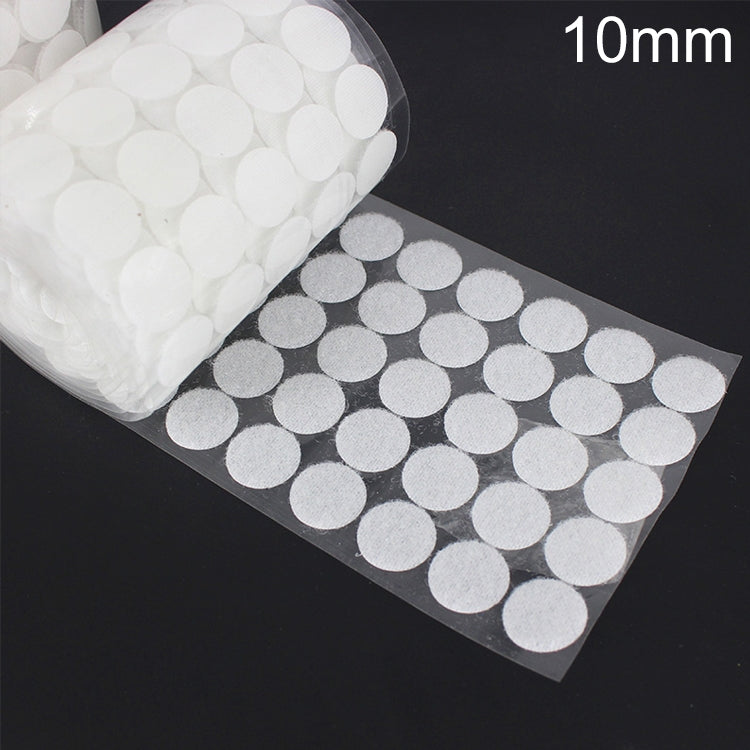 White 10mm round nylon adhesive hook-and-loop fastener dots, roll sheet pack