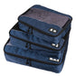 Dark blue 3-piece waterproof travel storage bag set with mesh windows and black zipper fronts