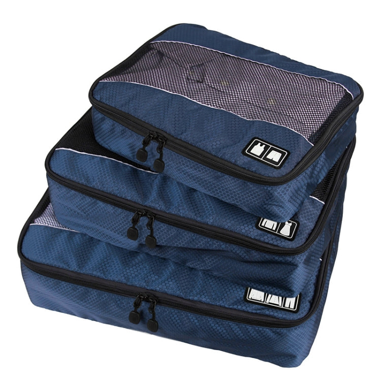Dark blue 3-piece waterproof travel storage bag set with mesh windows and black zipper fronts