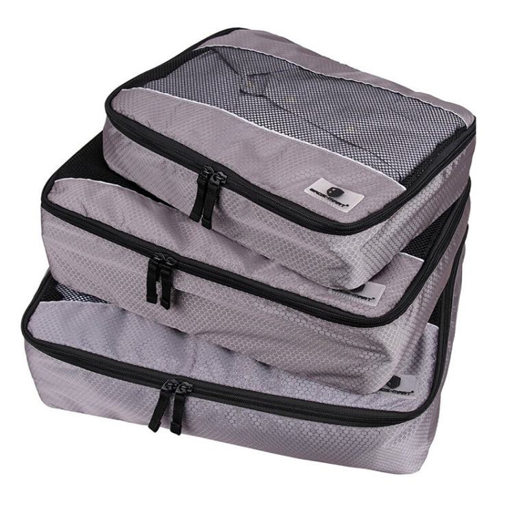 Gray 3-piece waterproof travel storage bag set with clear mesh panel and black zipper trim