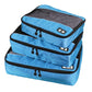Blue 3-piece waterproof travel storage bag set with black trim and mesh top compartment zippers