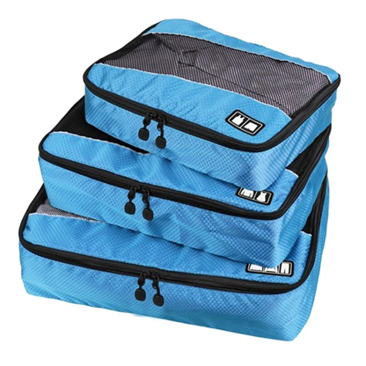 Blue 3-piece waterproof travel storage bag set with black trim and mesh top compartment zippers