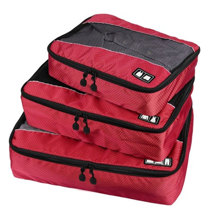 Red 3-piece waterproof travel storage bag set with black mesh panels and zippers