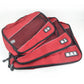 Red 3-piece waterproof travel storage bag set with carry handles and clear mesh windows