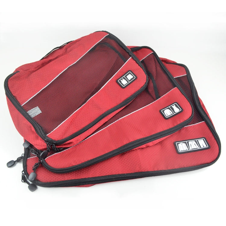 Red 3-piece waterproof travel storage bag set with carry handles and clear mesh windows