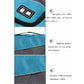 Blue hex-pattern polyester fabric swatch with black zipper trim and label pocket