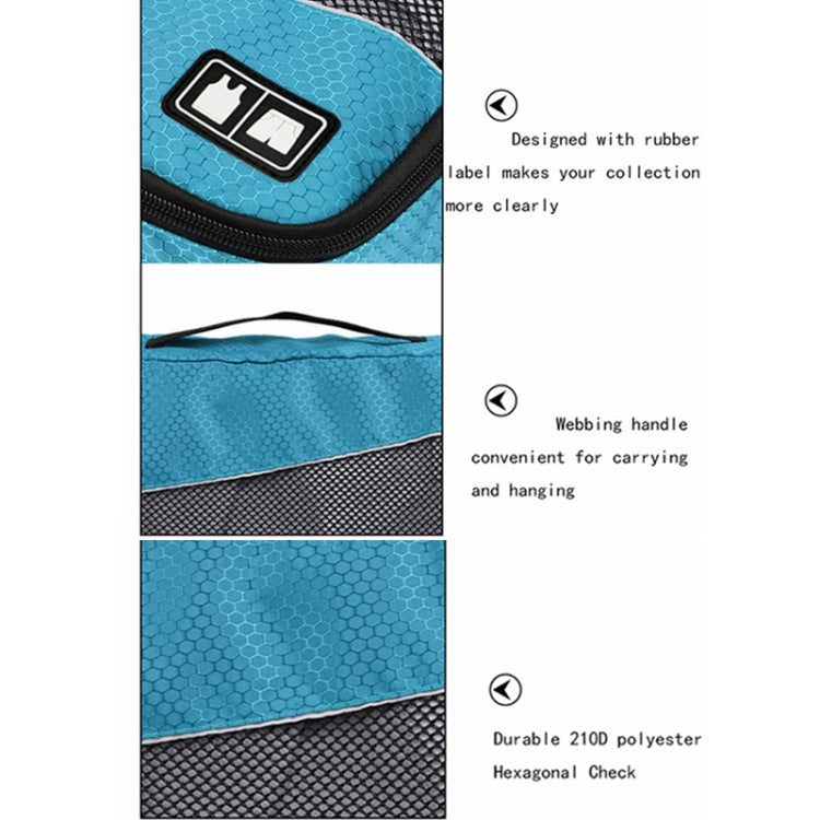 Blue hex-pattern polyester fabric swatch with black zipper trim and label pocket