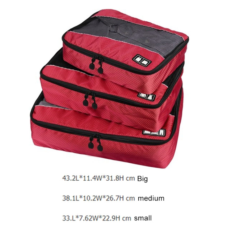 Red 3-piece waterproof travel storage bag set with stacked compartments and black straps