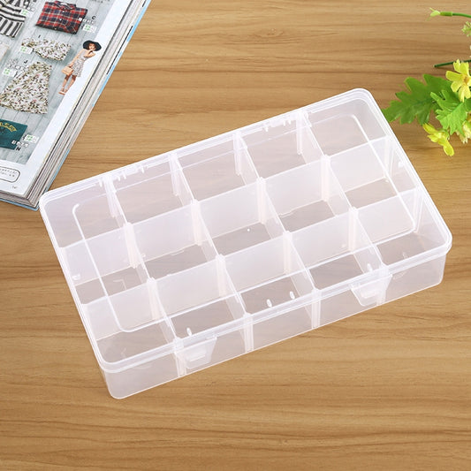 Clear plastic storage box with hinged lid and 15 grid compartments for small accessories