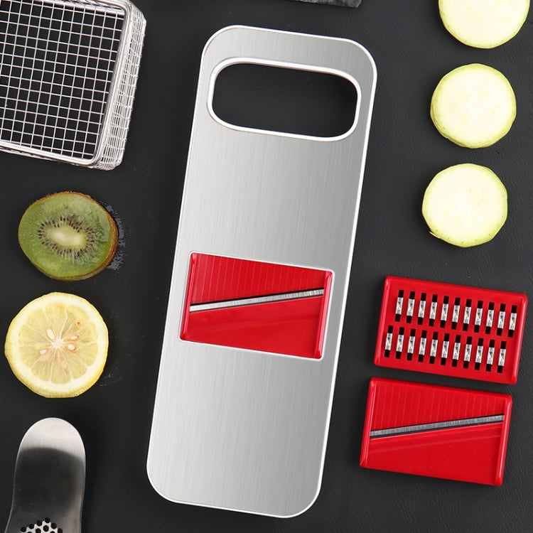 Stainless steel vegetable cutter grater with red slicing and grating blade inserts