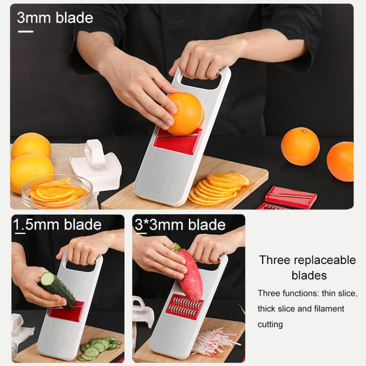 Stainless steel vegetable grater slicer with replaceable 3 blade inserts for thin, thick slices
