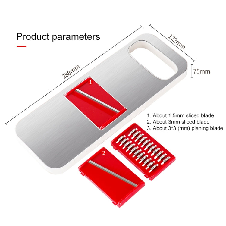 Stainless steel vegetable cutter grater with red blade modules and size diagram