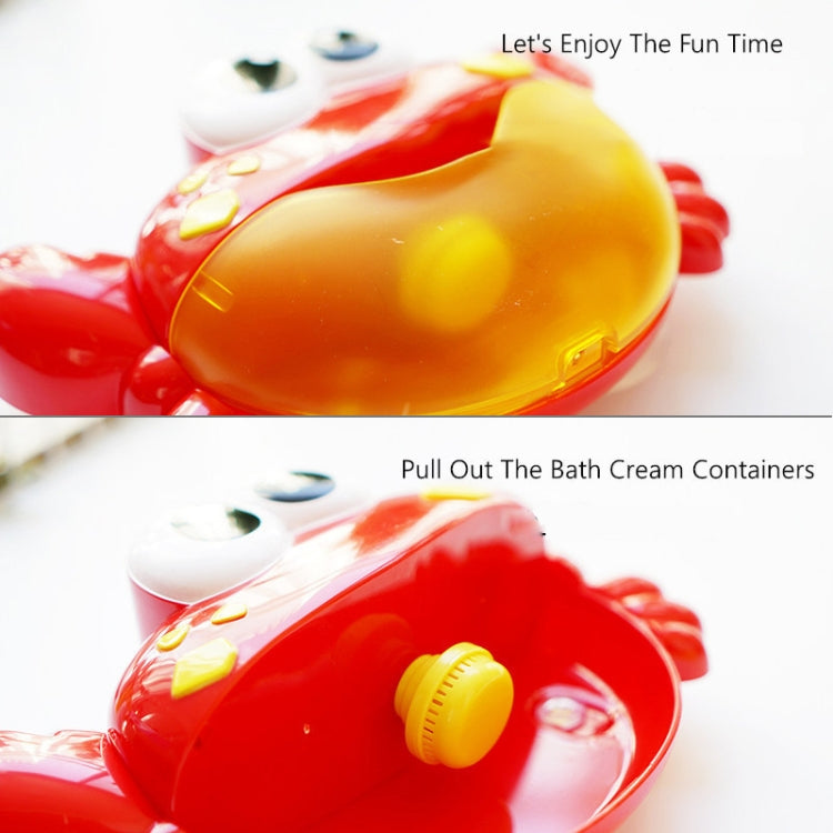 Red crab bath toy showing top spout and bubble cream container openings