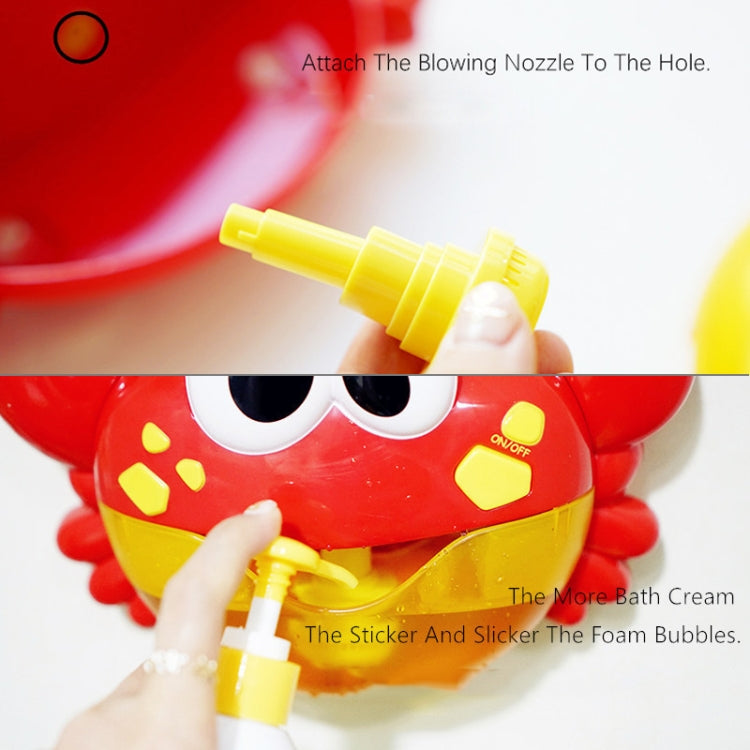 Red crab bath toy with yellow blowing nozzle attachment and foam bubble opening
