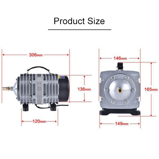 Aquarium air pump size diagram showing front housing, circular outlet, and dimensions