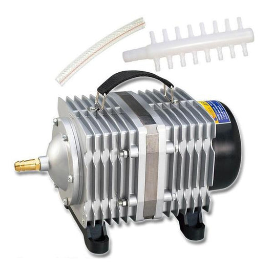 Electromagnetic air pump compressor with outlet splitter and tubing, silver and black