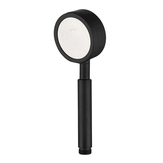Black handheld shower head with round face and fine spray nozzles