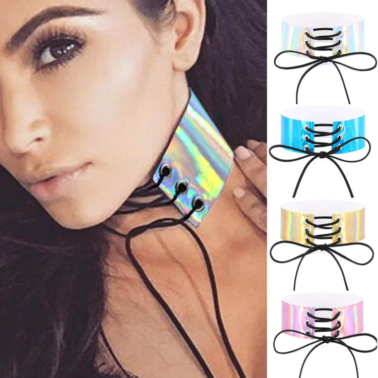 Holographic black lace-up choker with metal eyelets and adjustable cords